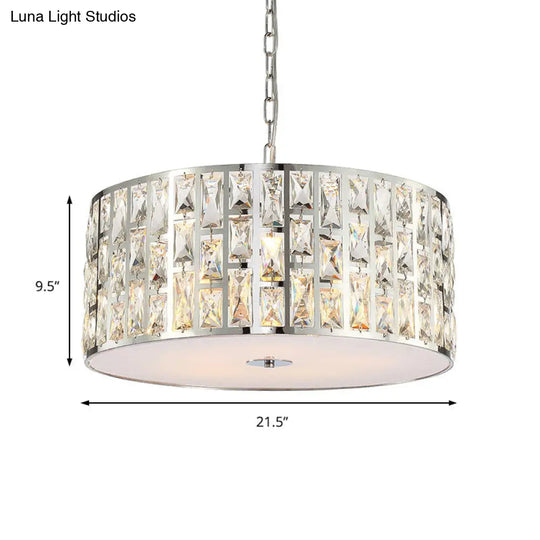 Contemporary Drum Chandelier: Clear Crystal Pendant Lamp With Metal Chain Chrome Finish For Bedroom