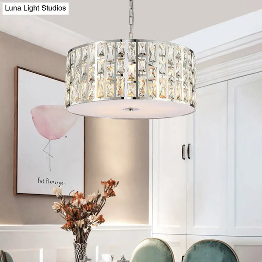 Contemporary Drum Chandelier: Clear Crystal Pendant Lamp With Metal Chain Chrome Finish For Bedroom