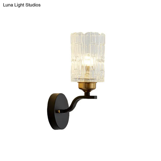 Contemporary Clear Crystal Cylinder Wall Light Sconce With Metal Curved Arm In Black