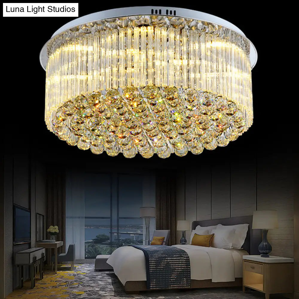 Contemporary Clear Crystal Drum Flush Mount Led Ceiling Light - 19.5’/23.5’ Wide Ideal For