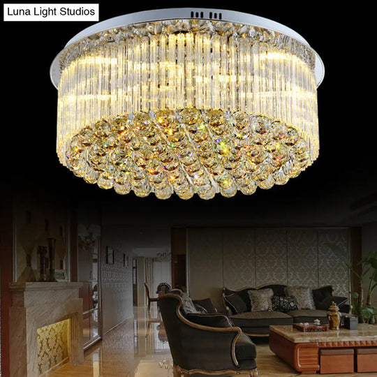 Contemporary Clear Crystal Drum Flush Mount Led Ceiling Light - 19.5/23.5 Wide Ideal For Living Room