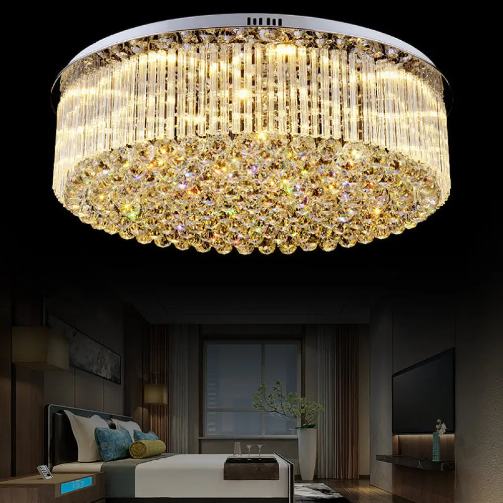 Contemporary Clear Crystal Drum Flush Mount Led Ceiling Light - 19.5’/23.5’ Wide Ideal For