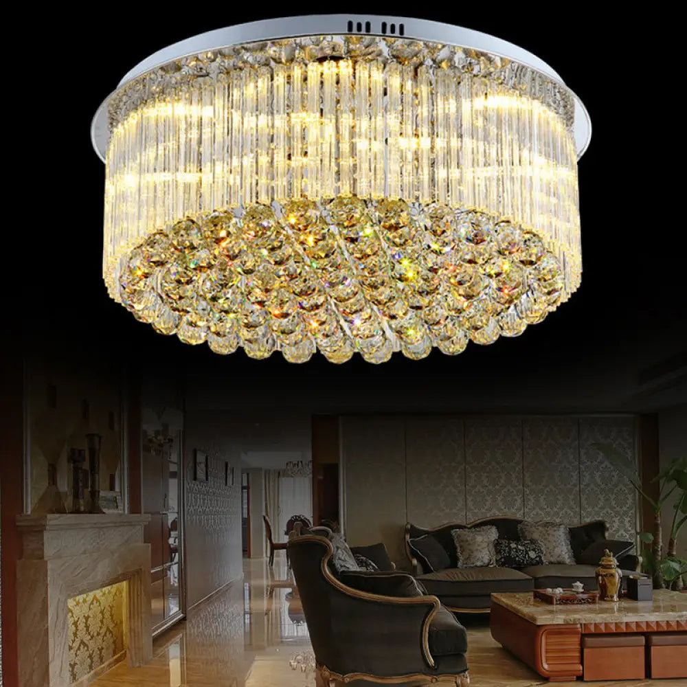 Contemporary Clear Crystal Drum Flush Mount Led Ceiling Light - 19.5’/23.5’ Wide Ideal For