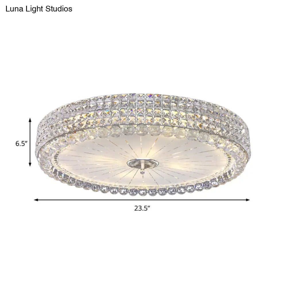 Contemporary Clear Crystal Multi-Head Flush Mount Ceiling Light In Chrome - 16/19.5 W Drum Lamp