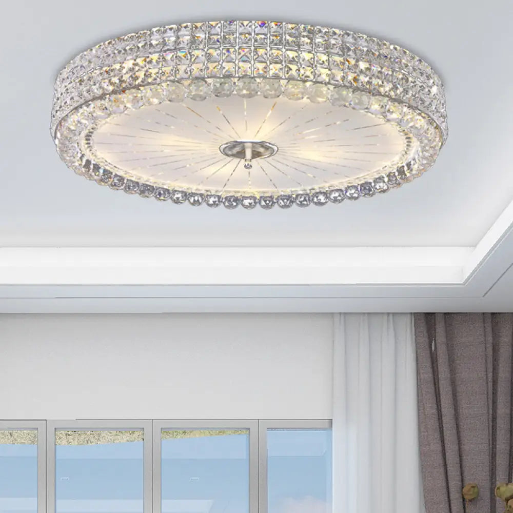 Contemporary Clear Crystal Multi-Head Flush Mount Ceiling Light In Chrome - 16’/19.5’ W Drum