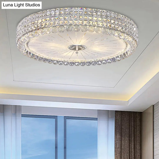 Contemporary Clear Crystal Multi-Head Flush Mount Ceiling Light In Chrome - 16/19.5 W Drum Lamp /