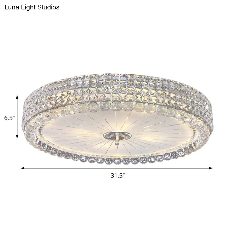 Contemporary Clear Crystal Multi-Head Flush Mount Ceiling Light In Chrome - 16/19.5 W Drum Lamp