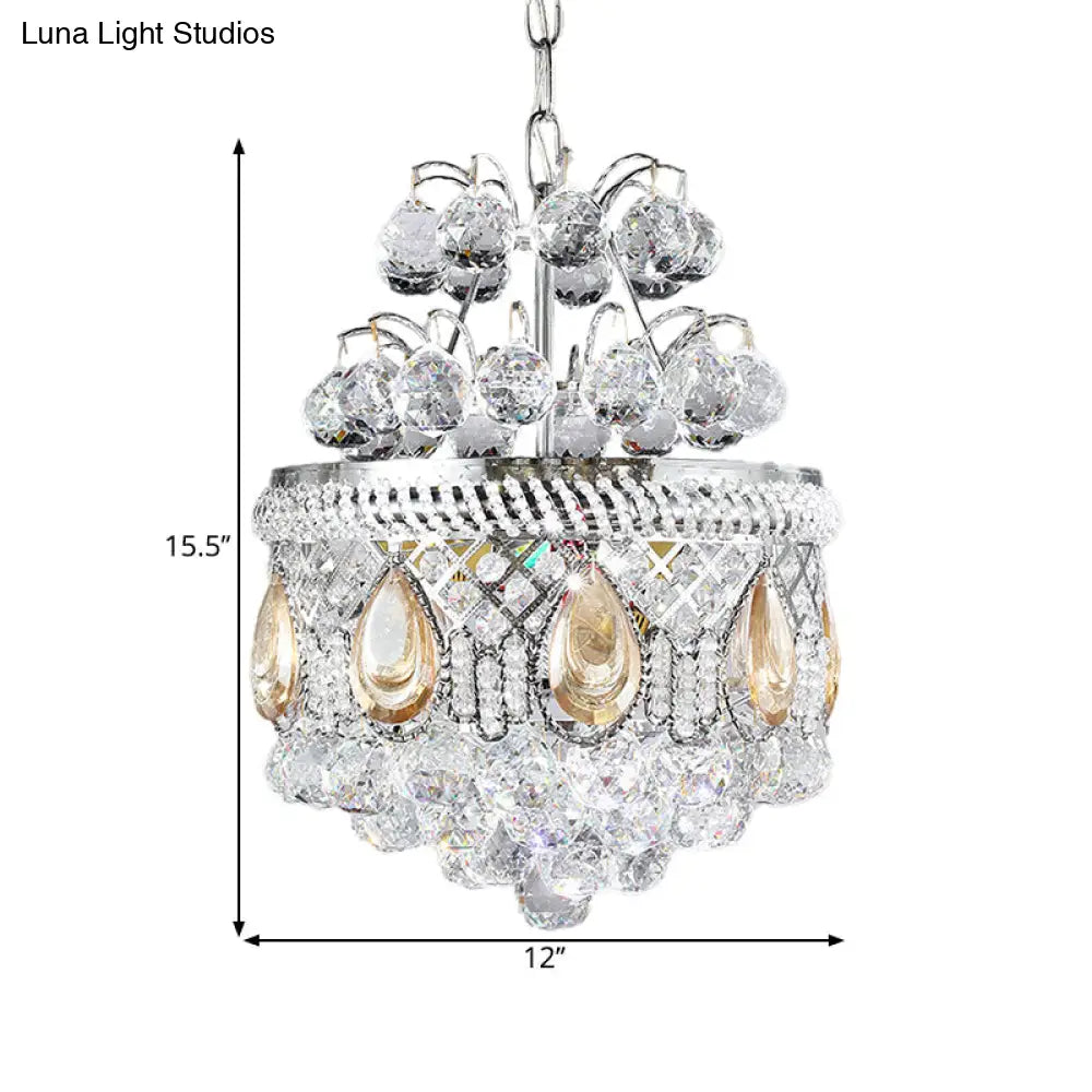 Contemporary Clear Crystal Orbs Chandelier With Silver Drop/Leaf Design - 3 Bulb Suspension Pendant