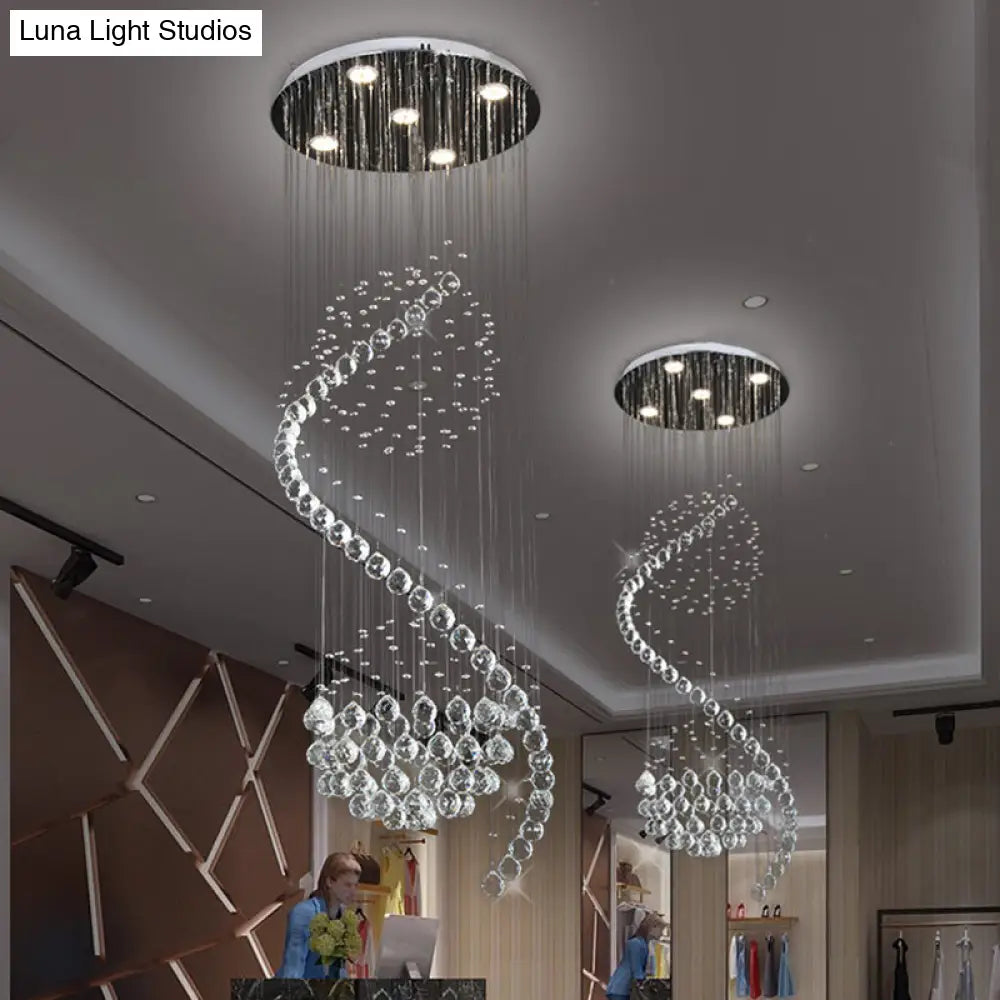 Contemporary Clear Crystal Spiral Pendant With 5 Led Lights - Stylish Living Room Hanging Lamp