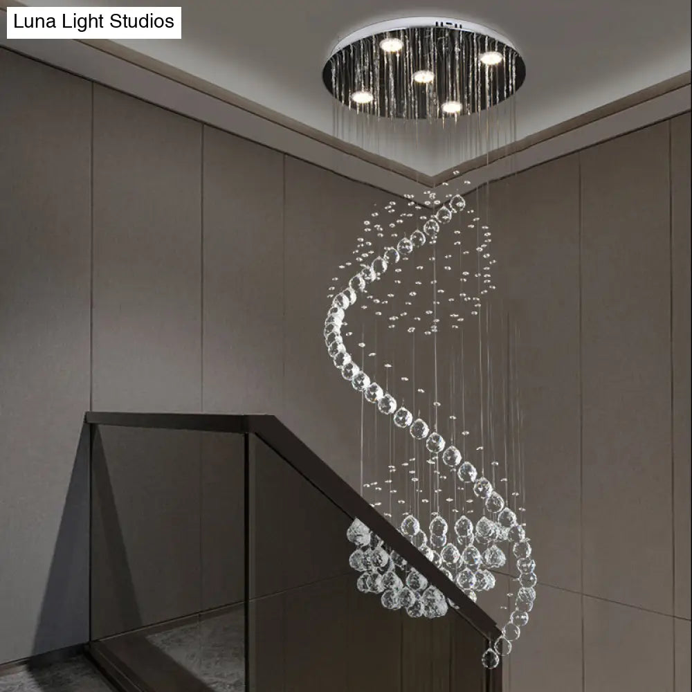 Contemporary Clear Crystal Spiral Led Pendant Light With 5 Multi-Lights - Ideal For Living Room