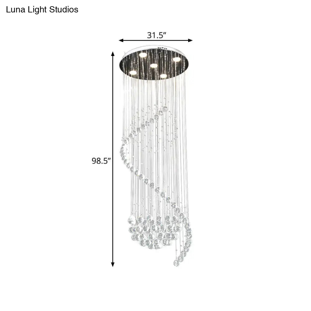 Contemporary Clear Crystal Spiral Led Pendant Light With 5 Multi-Lights - Ideal For Living Room