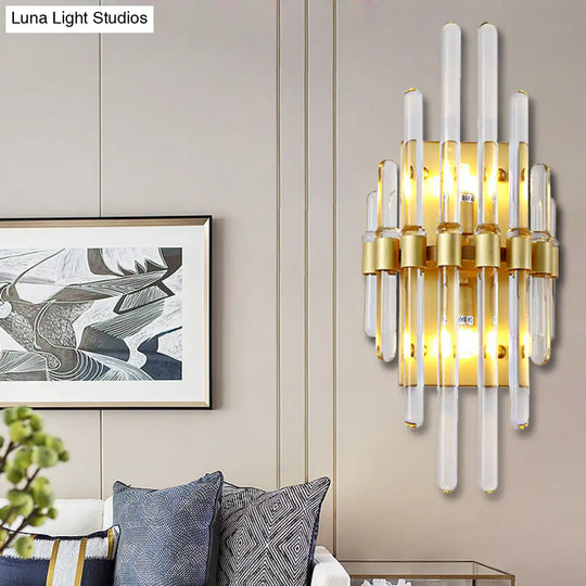 Contemporary Clear Crystal Tube Wall Lighting With 2 Brass Lights - Ideal For Living Room