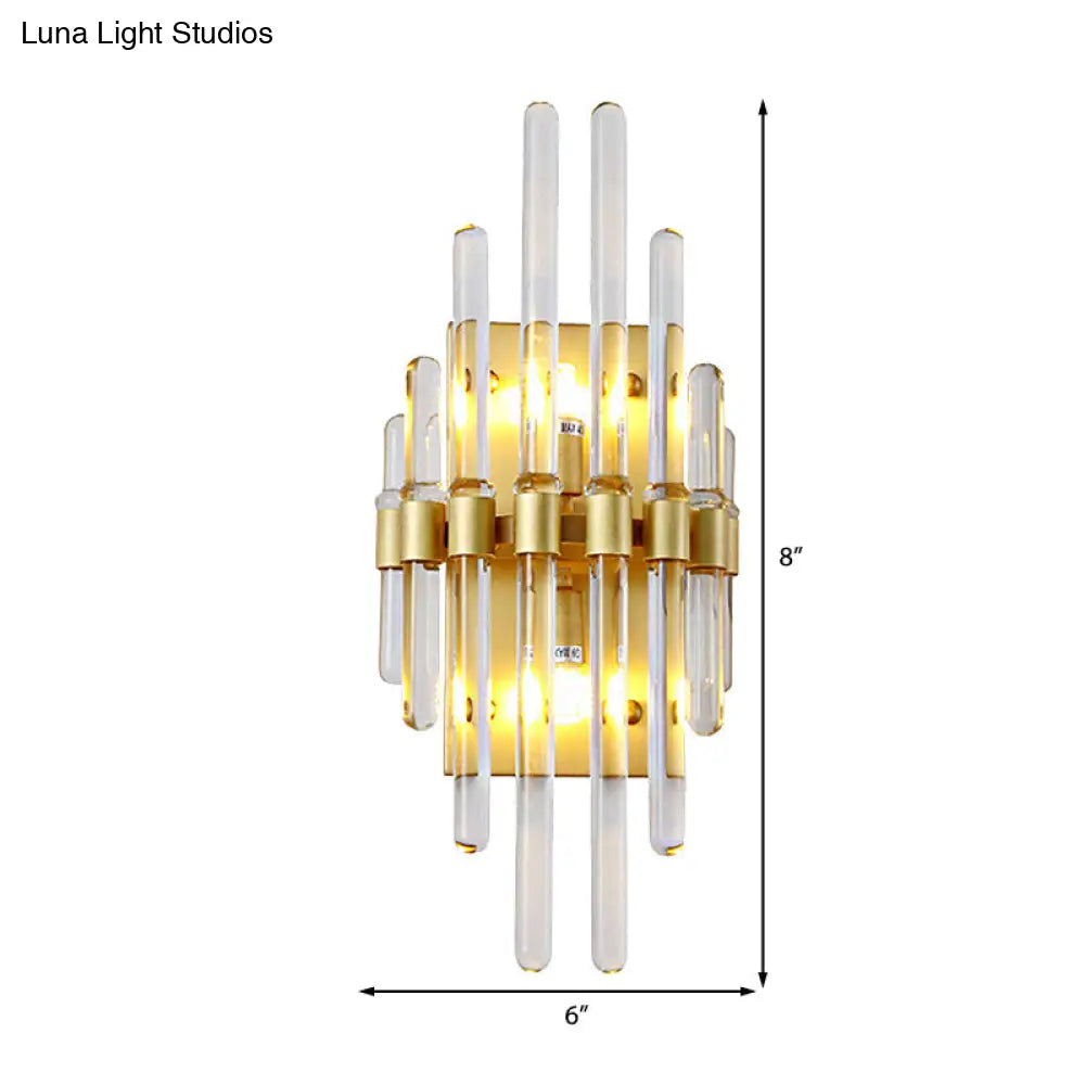 Contemporary Clear Crystal Tube Wall Lighting With 2 Brass Lights - Ideal For Living Room