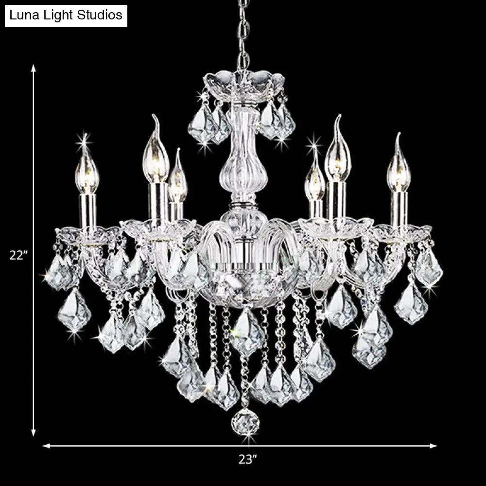 Contemporary Clear Glass Candelabra Chandelier 6 Lights With Crystal Accent Ideal For Living Room