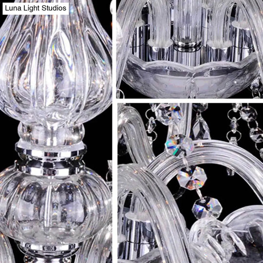 Contemporary Clear Glass Candelabra Chandelier 6 Lights With Crystal Accent Ideal For Living Room