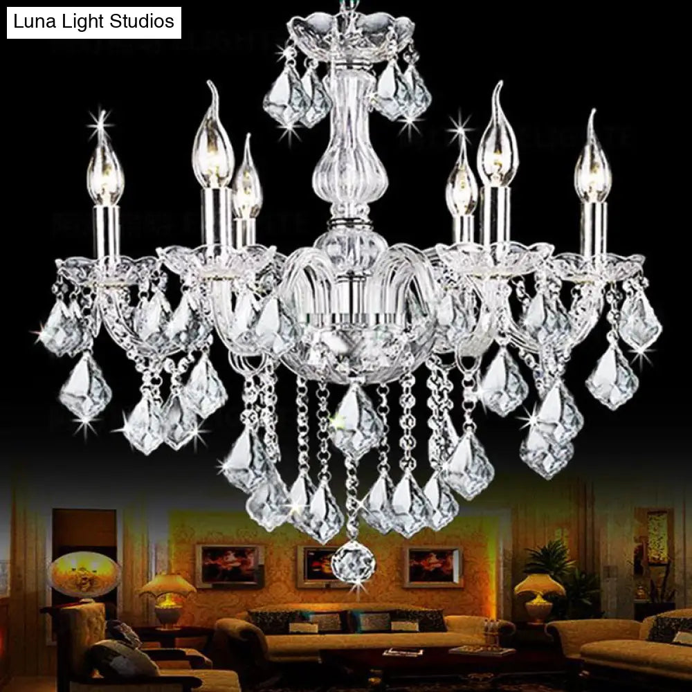 Contemporary Clear Glass Candelabra Chandelier 6 Lights With Crystal Accent Ideal For Living Room