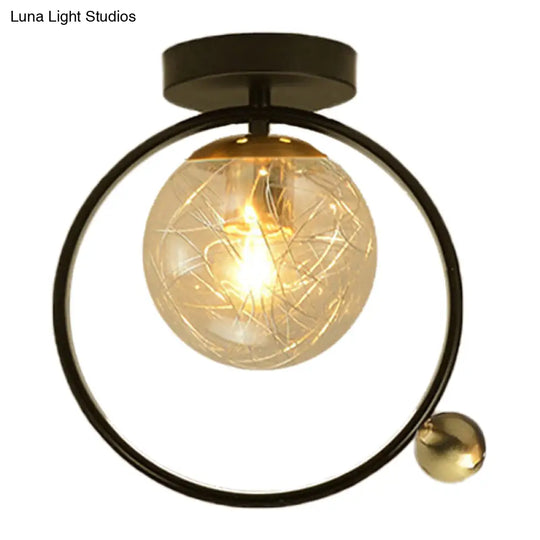 Contemporary Clear Glass Ceiling Mounted Fixture - Spherical Semi Flush Light With Single Bulb Black