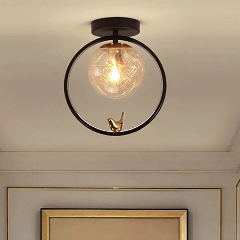 Contemporary Clear Glass Ceiling Light: Spherical Semi Flush Fixture With Single Bulb Black Mount