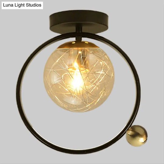 Contemporary Clear Glass Ceiling Light: Spherical Semi Flush Fixture With Single Bulb Black Mount