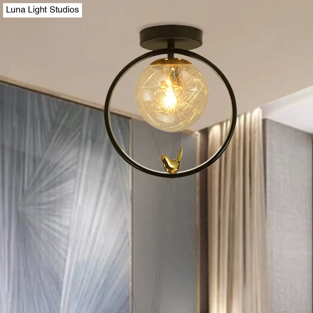 Contemporary Clear Glass Ceiling Light: Spherical Semi Flush Fixture With Single Bulb Black Mount