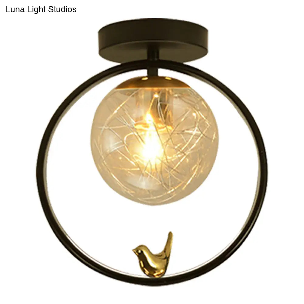 Contemporary Clear Glass Ceiling Light: Spherical Semi Flush Fixture With Single Bulb Black Mount