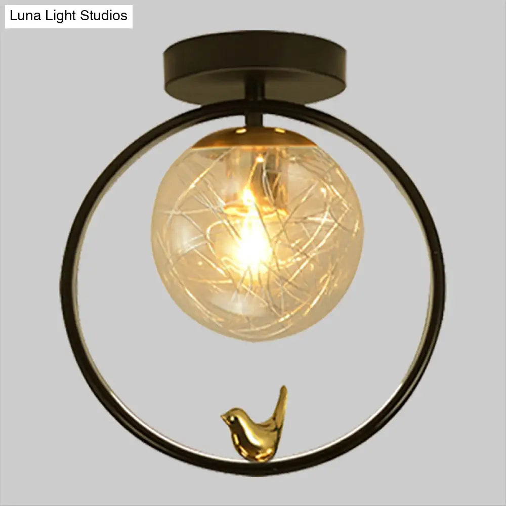 Contemporary Clear Glass Ceiling Light: Spherical Semi Flush Fixture With Single Bulb Black Mount