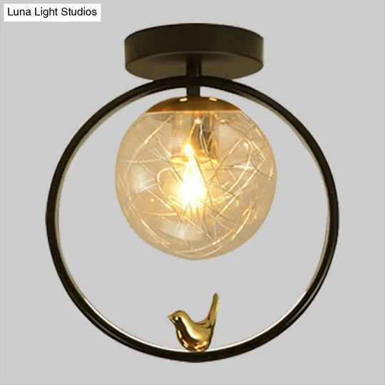 Contemporary Clear Glass Ceiling Light: Spherical Semi Flush Fixture With Single Bulb Black Mount