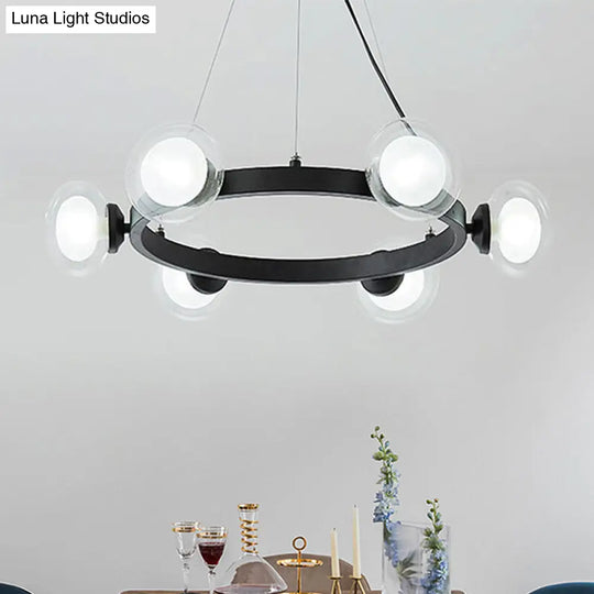 Contemporary Clear Glass Chandelier With Circle Ring Design - Led Lights Black Finish