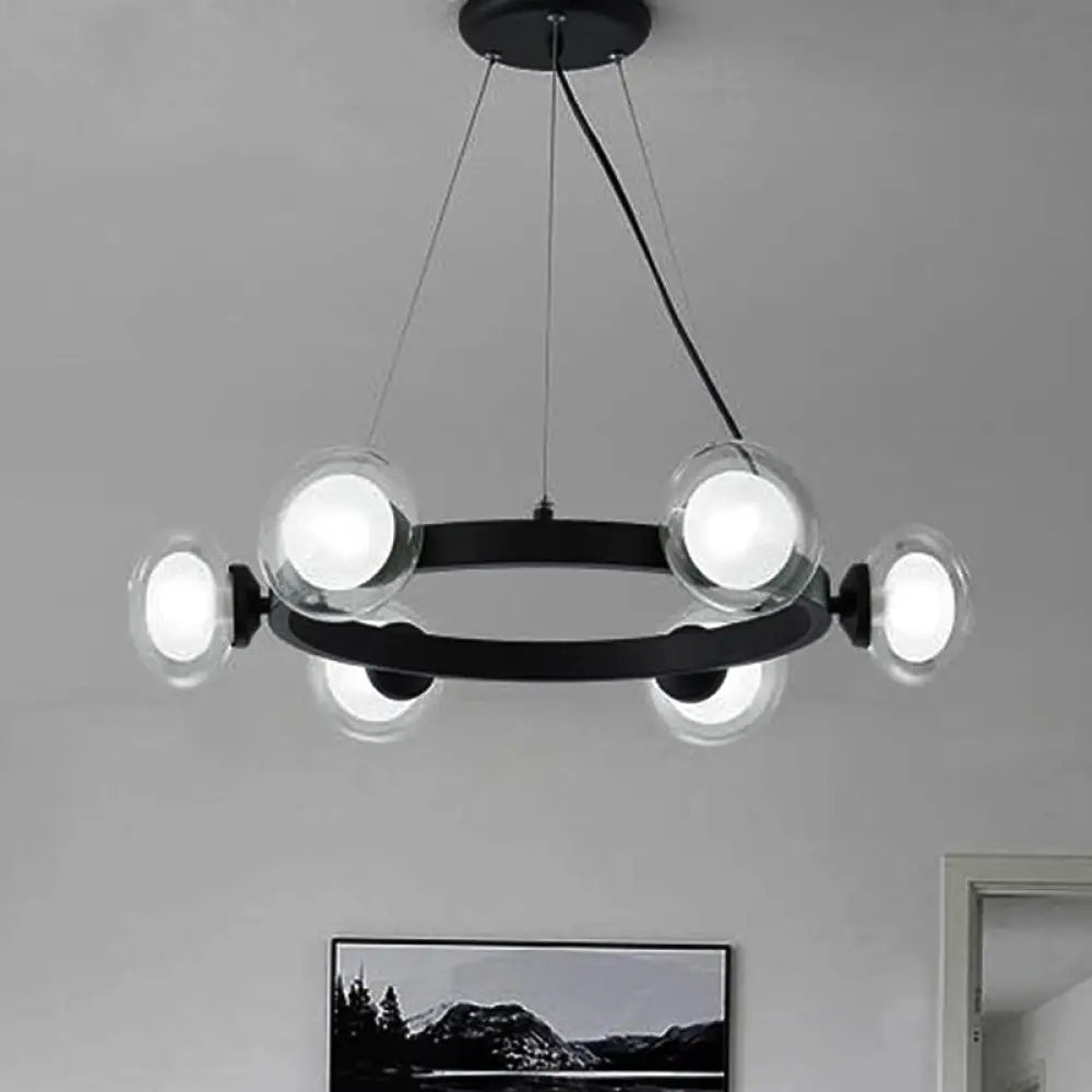 Contemporary Clear Glass Chandelier With Circle Ring Design - 6/8-Light Led Hanging Light In Black