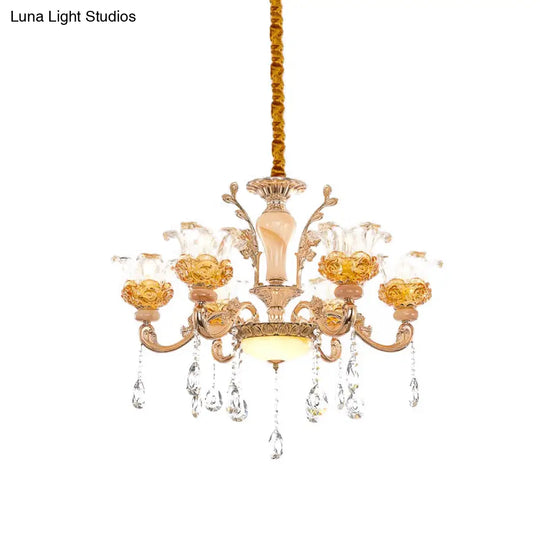 Contemporary Clear Glass Crystal Chandelier- 6 Bulb Rose Gold Suspension Light For Living Room