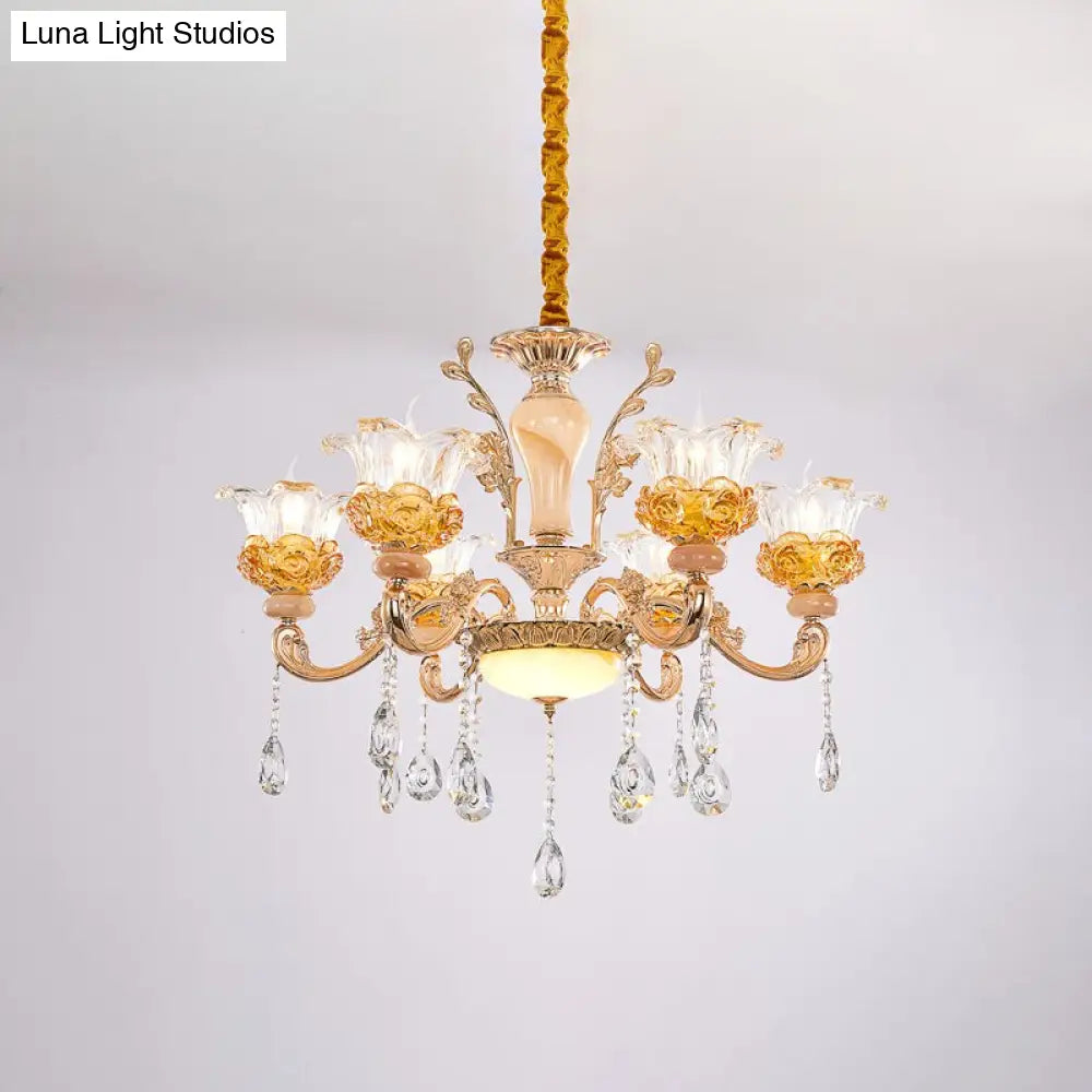 Contemporary Clear Glass Crystal Chandelier- 6 Bulb Rose Gold Suspension Light For Living Room