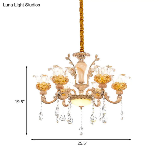 Contemporary Clear Glass Crystal Chandelier- 6 Bulb Rose Gold Suspension Light For Living Room