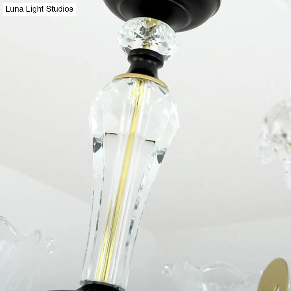 Contemporary Clear Glass Flower Pendant Light - Black Chandelier With 6/8/10 Heads