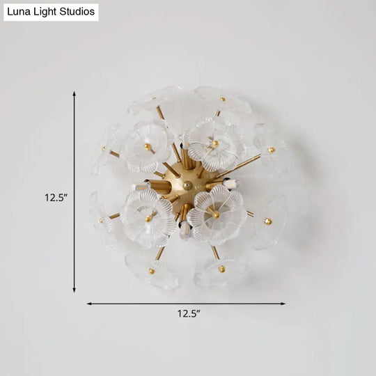 Contemporary Clear Glass Flower Wall Sconce With 4 Gold-Finished Heads