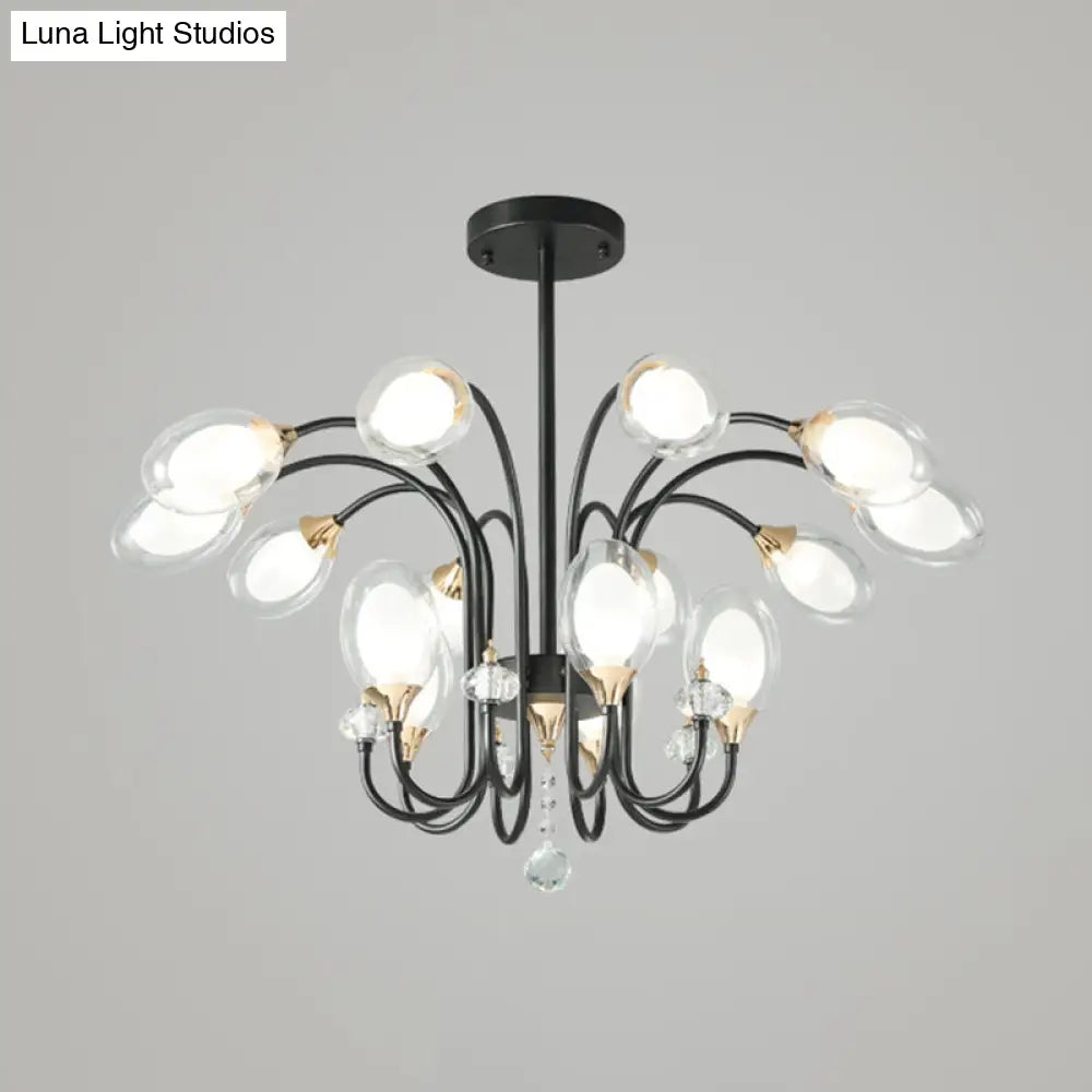 Contemporary Clear Glass Hanging Chandelier - Oval Shape 9/15 Bulbs Black Pendant Light