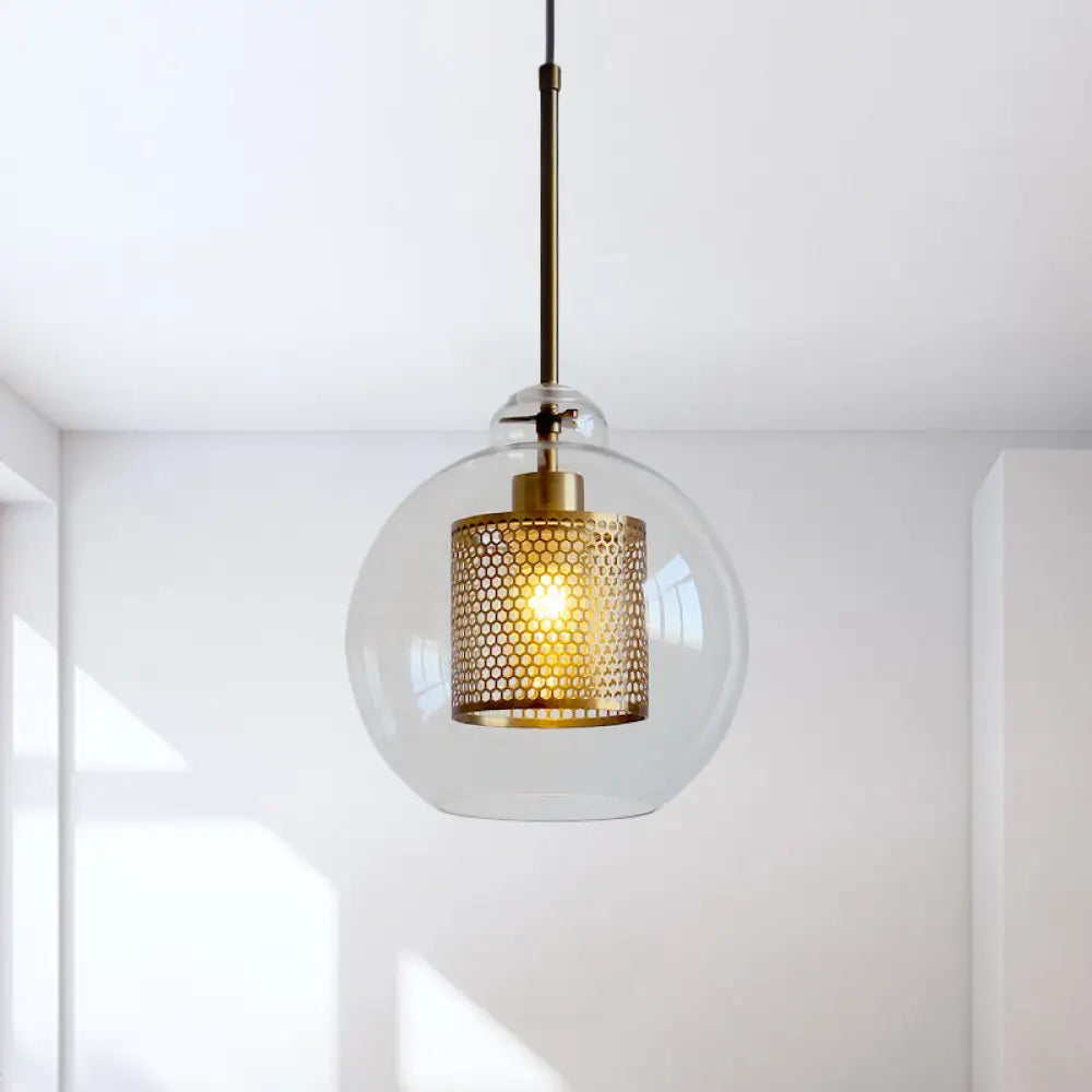 Contemporary Clear Glass Metal Pendant Light For Dining Room - 1-Light Orb Design Bronze