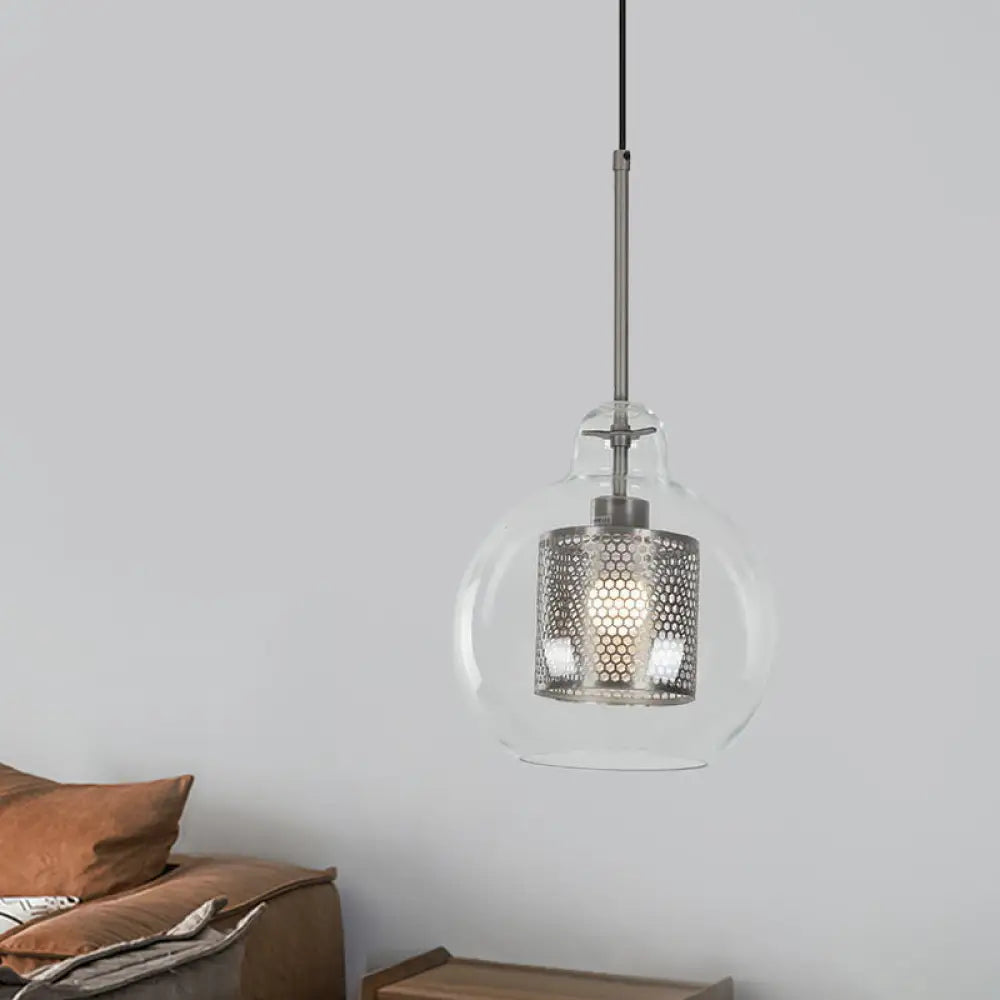 Contemporary Clear Glass Metal Pendant Light For Dining Room - 1-Light Orb Design Chrome