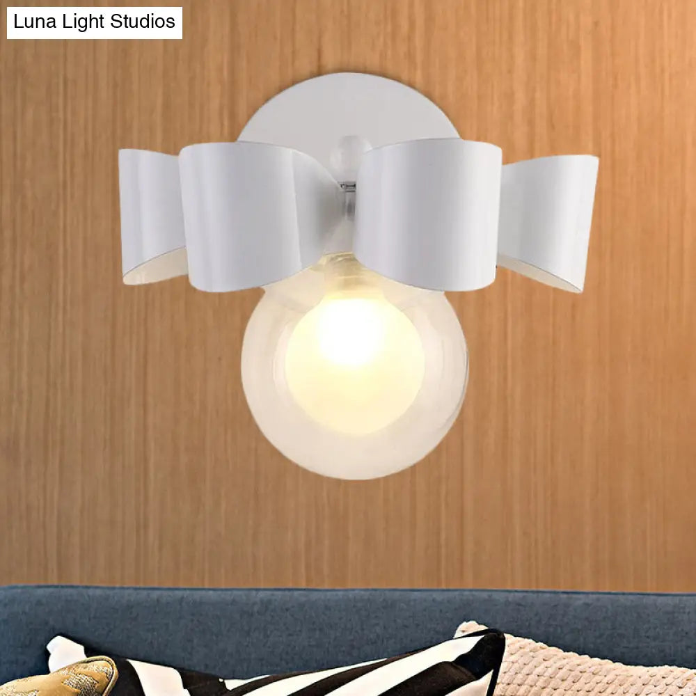 Contemporary Clear Glass Round Wall Lamp - 1 Light White Mounted Fixture With Bow Design