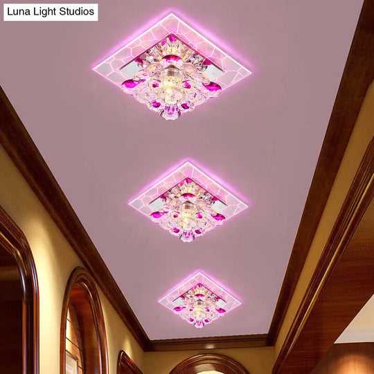 Contemporary Clear Led Crystal Ceiling Lamp For Hallway - Flower Square Flush Mount / Pink