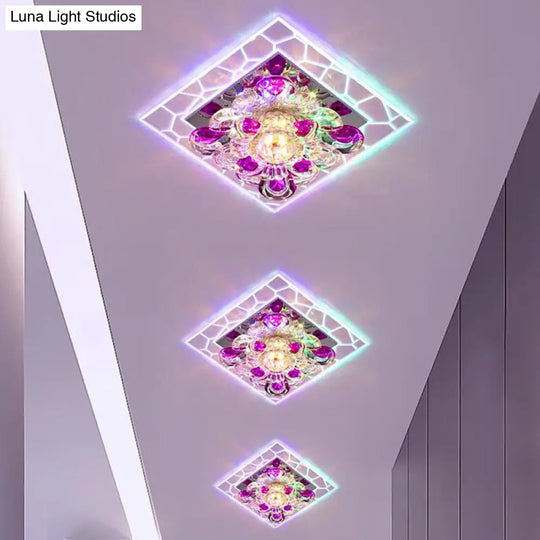 Contemporary Clear Led Crystal Ceiling Lamp For Hallway - Flower Square Flush Mount / Multi Color
