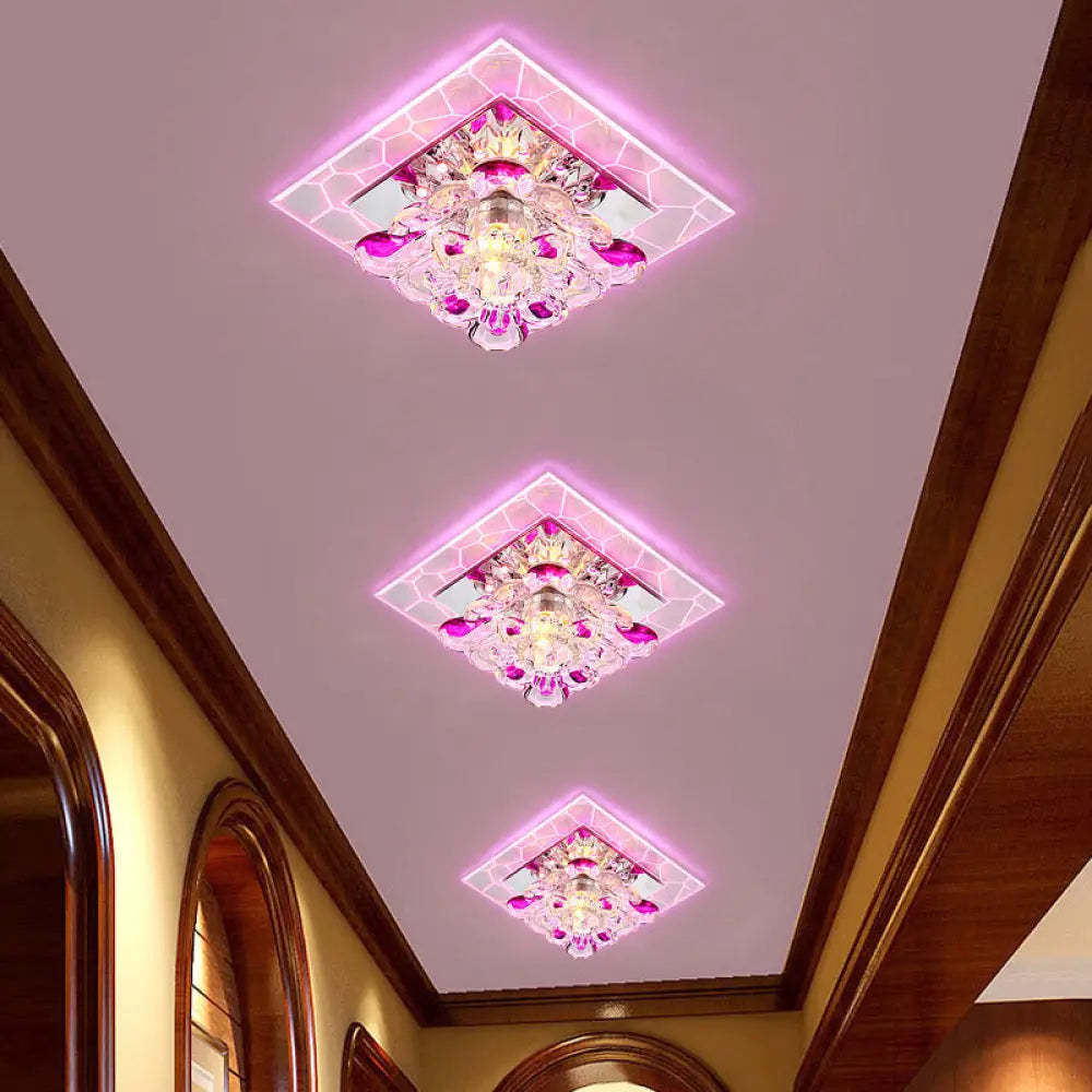 Contemporary Clear Led Crystal Ceiling Lamp For Hallway - Flower Square Flush Mount / Pink