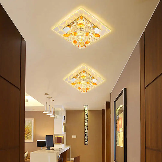 Contemporary Clear Led Crystal Ceiling Lamp For Hallway - Flower Square Flush Mount / Warm