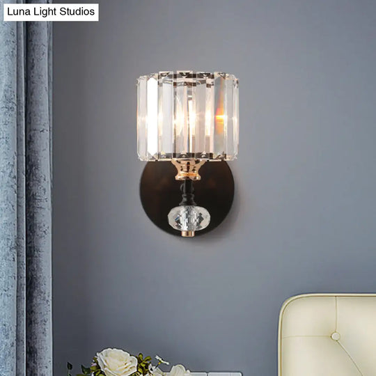 Contemporary Clear Ribbed Glass Wall Mounted Drum Sconce Light In Black