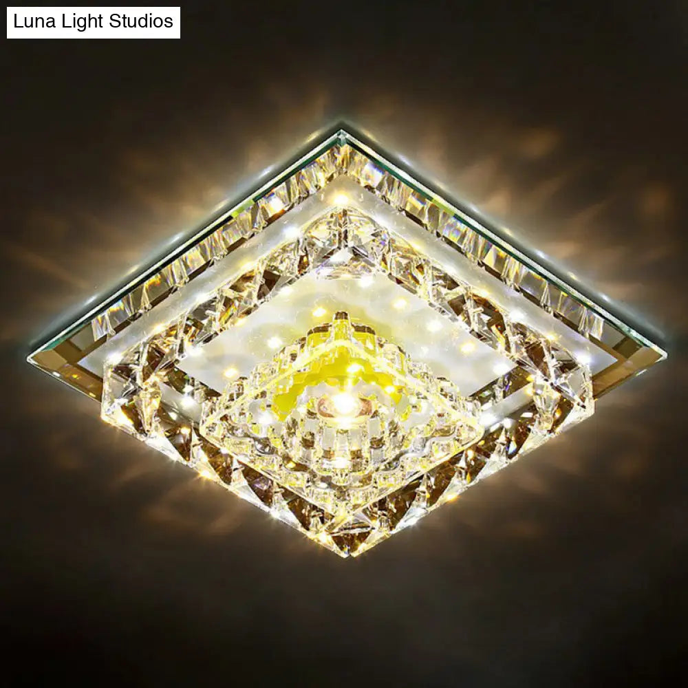 Contemporary Clear Square Crystal Led Flush Ceiling Light Fixture / Third Gear