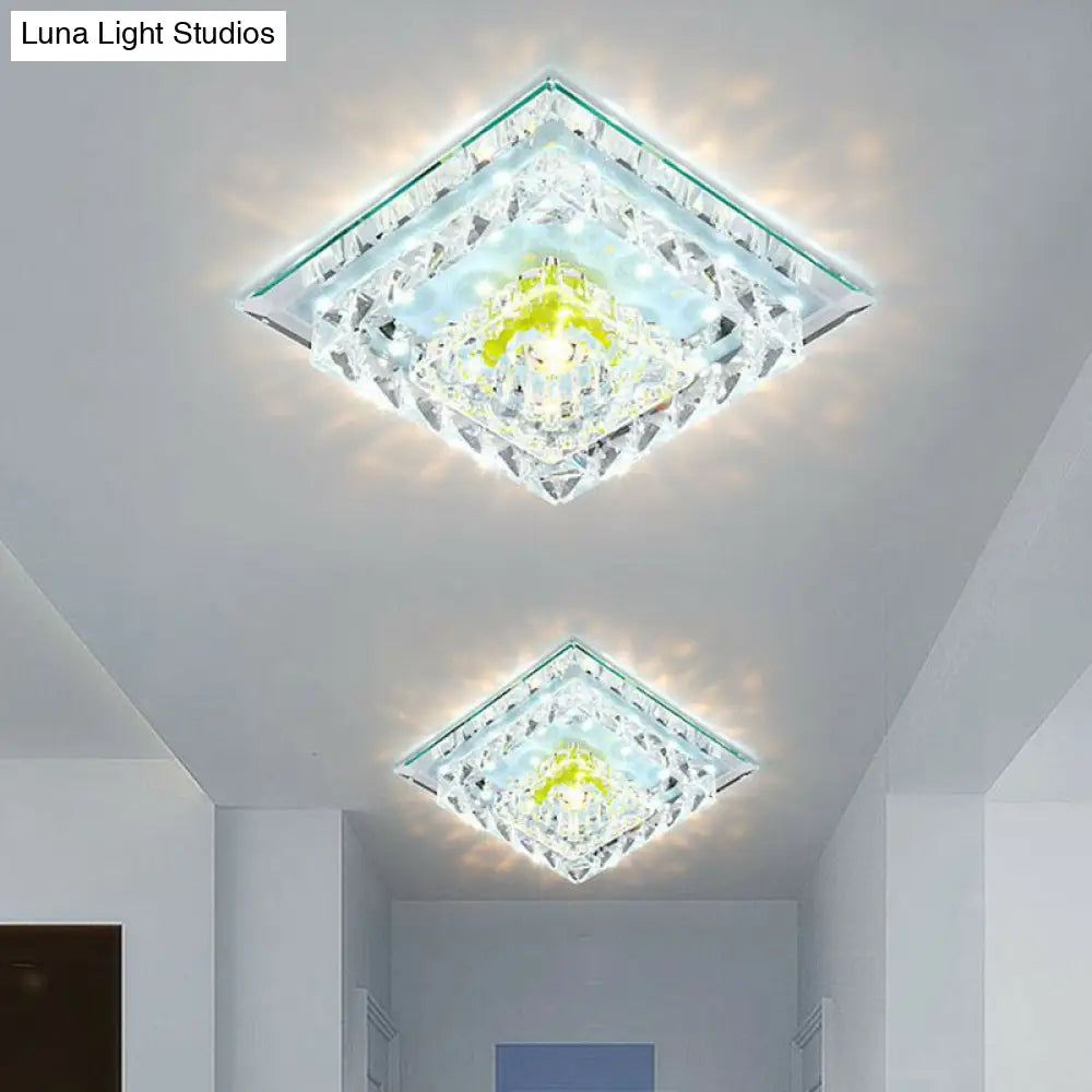 Contemporary Clear Square Crystal Led Flush Ceiling Light Fixture / White