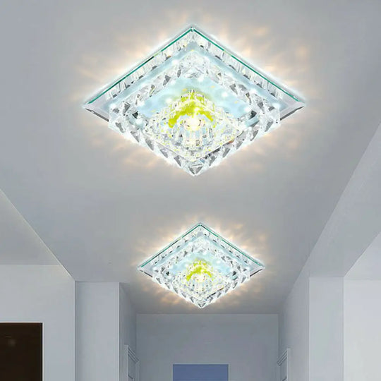 Contemporary Clear Square Crystal Led Flush Ceiling Light Fixture / White