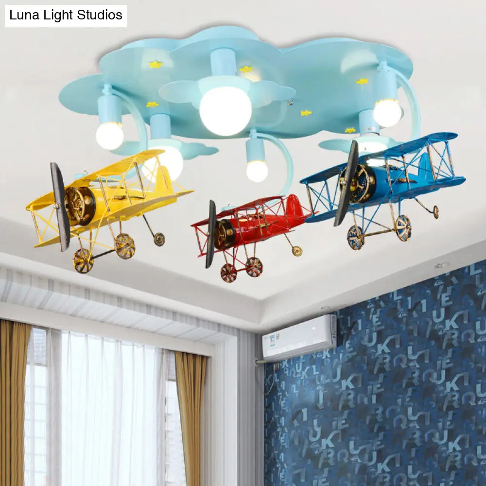 Contemporary Cloud & Glider Semi Flush Mount Ceiling Light For Kindergarten Blue