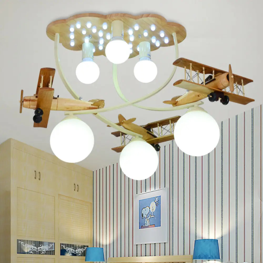 Contemporary Cloud & Glider Semi Flush Mount Ceiling Light For Kindergarten Wood