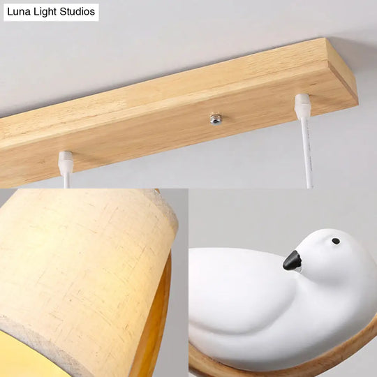 Contemporary Cone Fabric Pendant Lamp With Wood Ring And Resin Bird - 1/3 Lights White Fixture