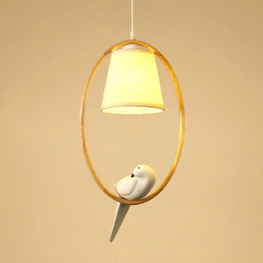 Contemporary Cone Fabric Pendant Lamp With Wood Ring And Resin Bird - 1/3 Lights White Fixture 1 /